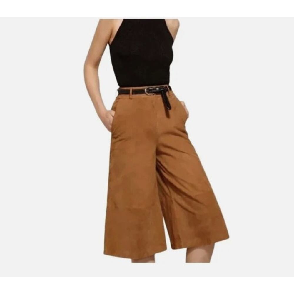 NWT Massimo Dutti Suede Leather Cropped Wide Leg Sz S Colottes Gaucho Pants